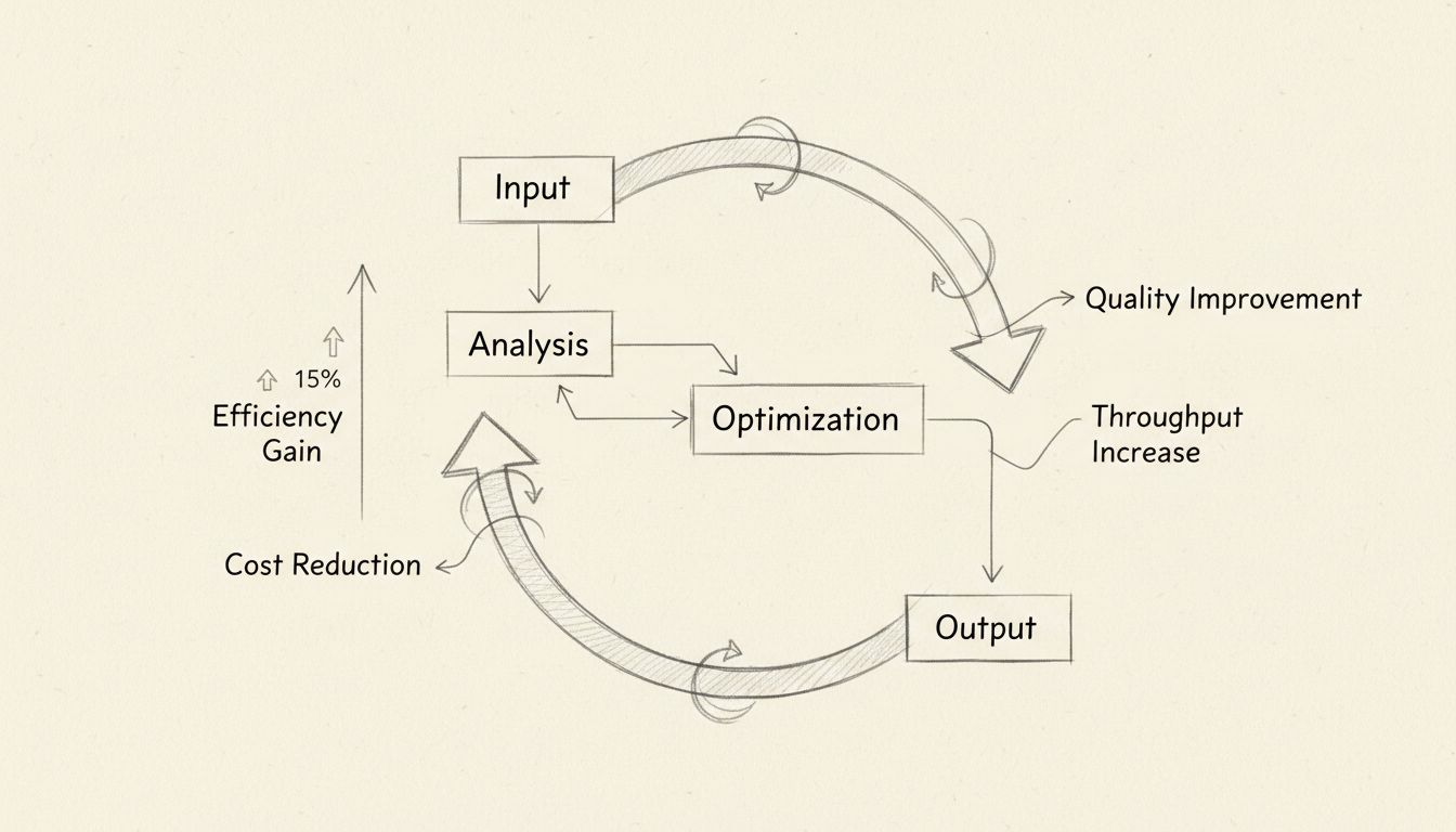 Diagramma di flusso del processo di ottimizzazione che mostra l’analisi degli input, i cicli di ottimizzazione e i risultati migliorati con una freccia verso l’alto