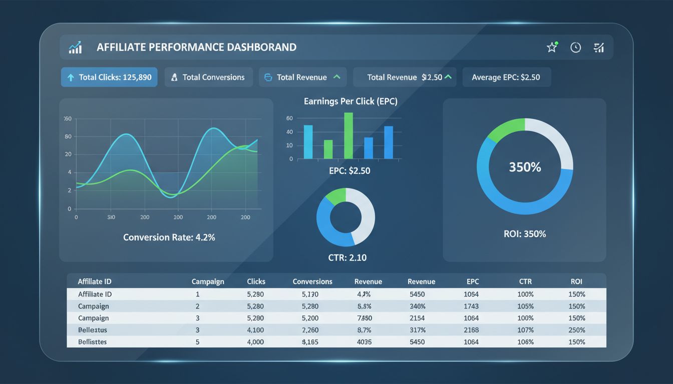 Dashboard delle metriche di performance degli affiliati con analisi di tassi di conversione, EPC, CTR e ROI