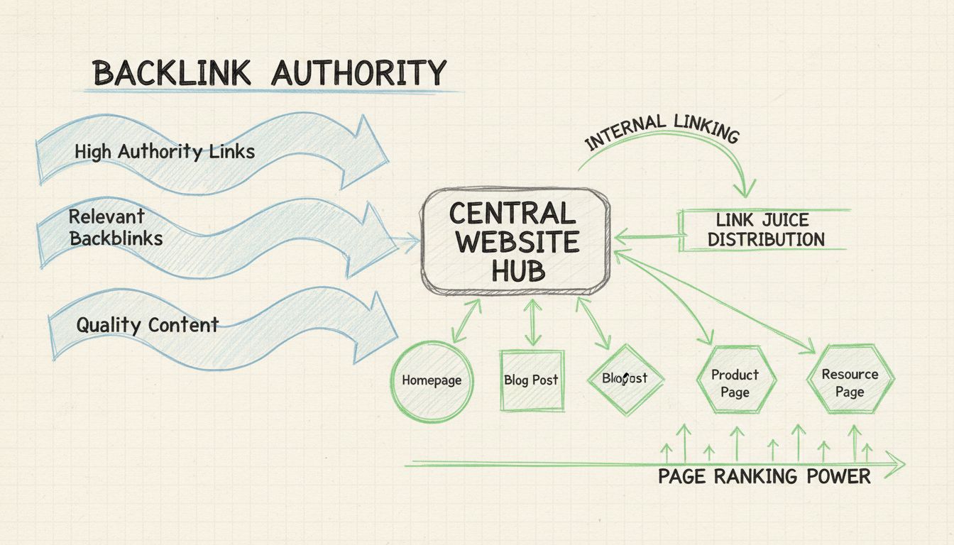 Diagramma della distribuzione del link juice che mostra come l’autorità fluisce dai backlink attraverso la struttura dei link interni verso le diverse pagine