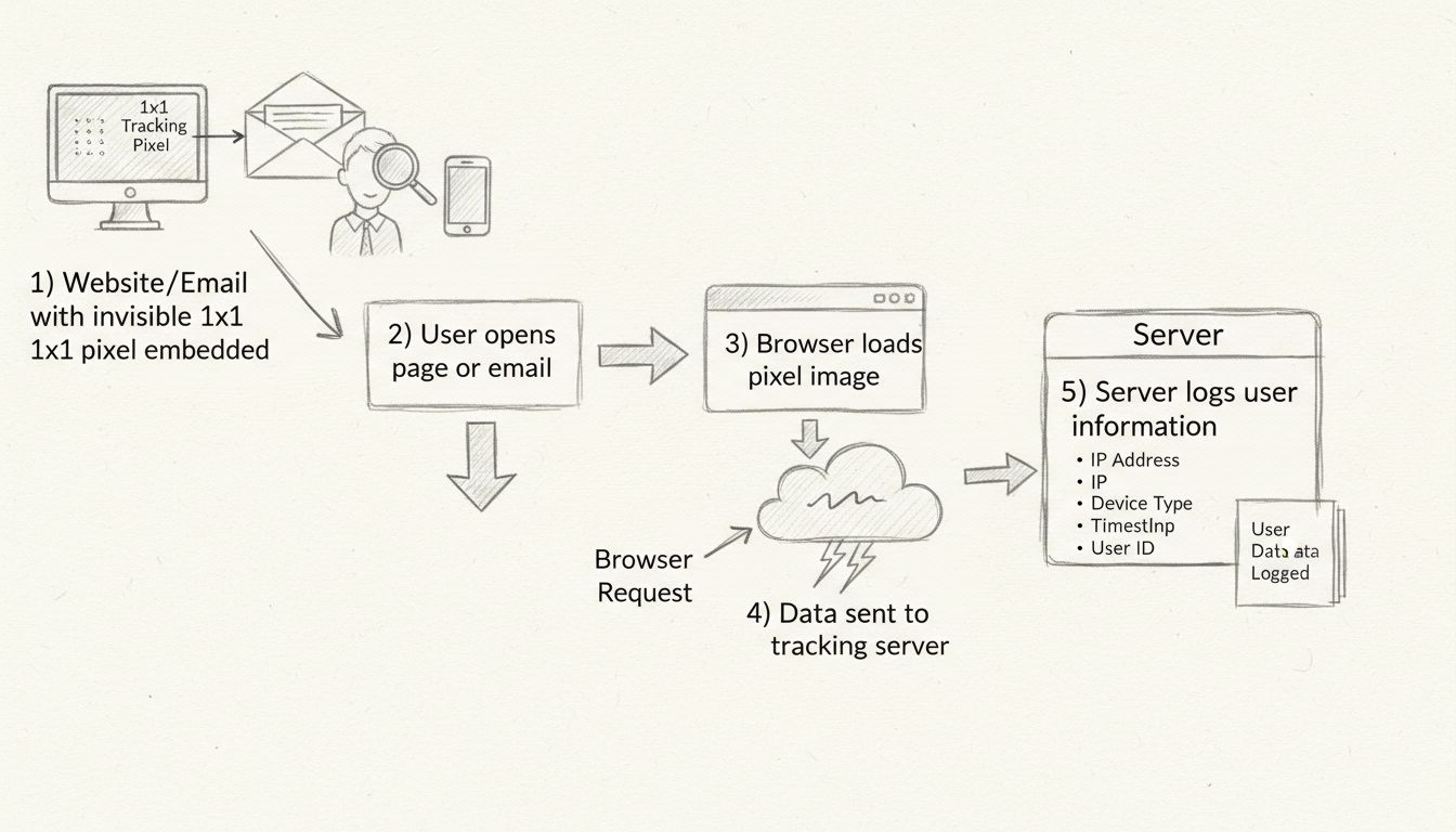Diagramma disegnato a mano che mostra il flusso del tracciamento tramite pixel dal sito web al server