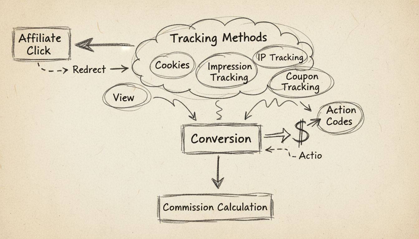 Diagramma dei metodi di tracciamento affiliato che mostra il flusso di cookie, tracciamento IP, tracciamento impression, codici coupon e tracciamento azioni dal clic affiliato alla conversione fino al calcolo della commissione
