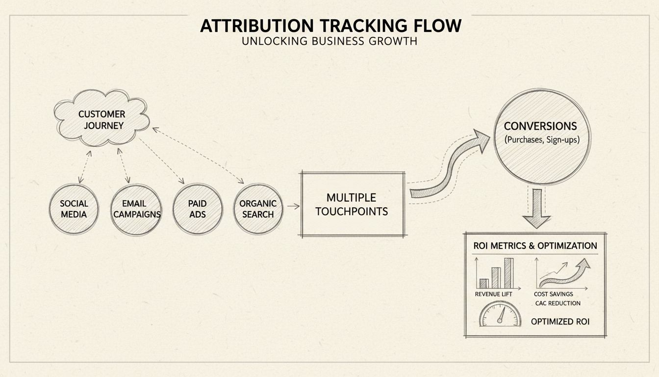 Diagramma del flusso di monitoraggio dell'attribuzione che mostra il percorso del cliente attraverso molteplici touchpoint inclusi social media, email, annunci a pagamento e ricerca organica collegati a conversioni e metriche di ROI