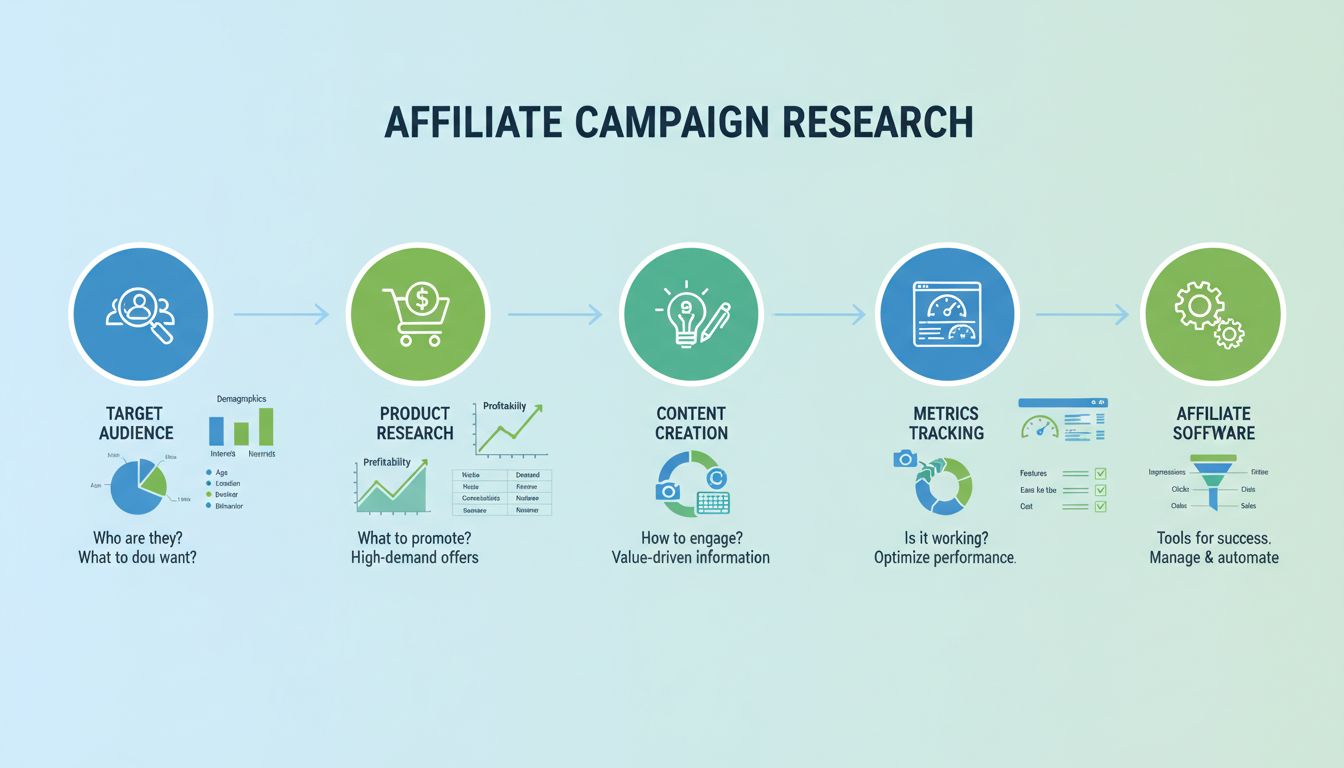 Infografica che mostra 5 aree chiave di ricerca per le campagne di affiliazione: analisi del pubblico target, ricerca prodotto, creazione contenuti, monitoraggio metriche e selezione software di affiliazione