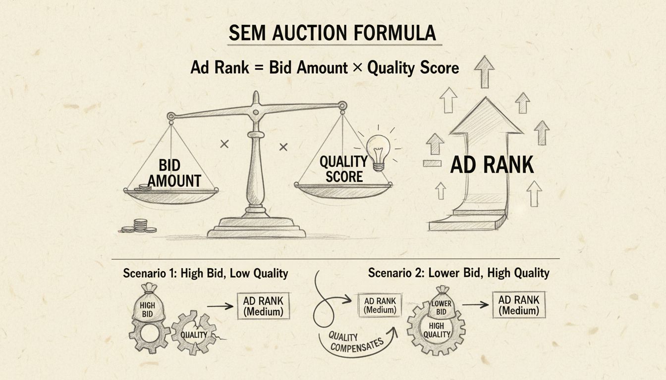 Diagramma della formula d'asta SEM che mostra il punteggio annuncio uguale a offerta per punteggio di qualità con confronto su bilancia