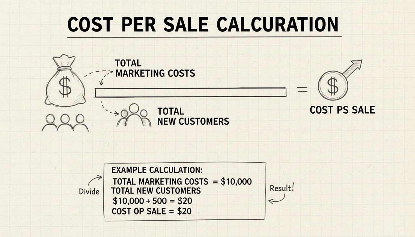 Schema disegnato a mano che mostra la formula di calcolo del costo per vendita con costi marketing divisi per clienti