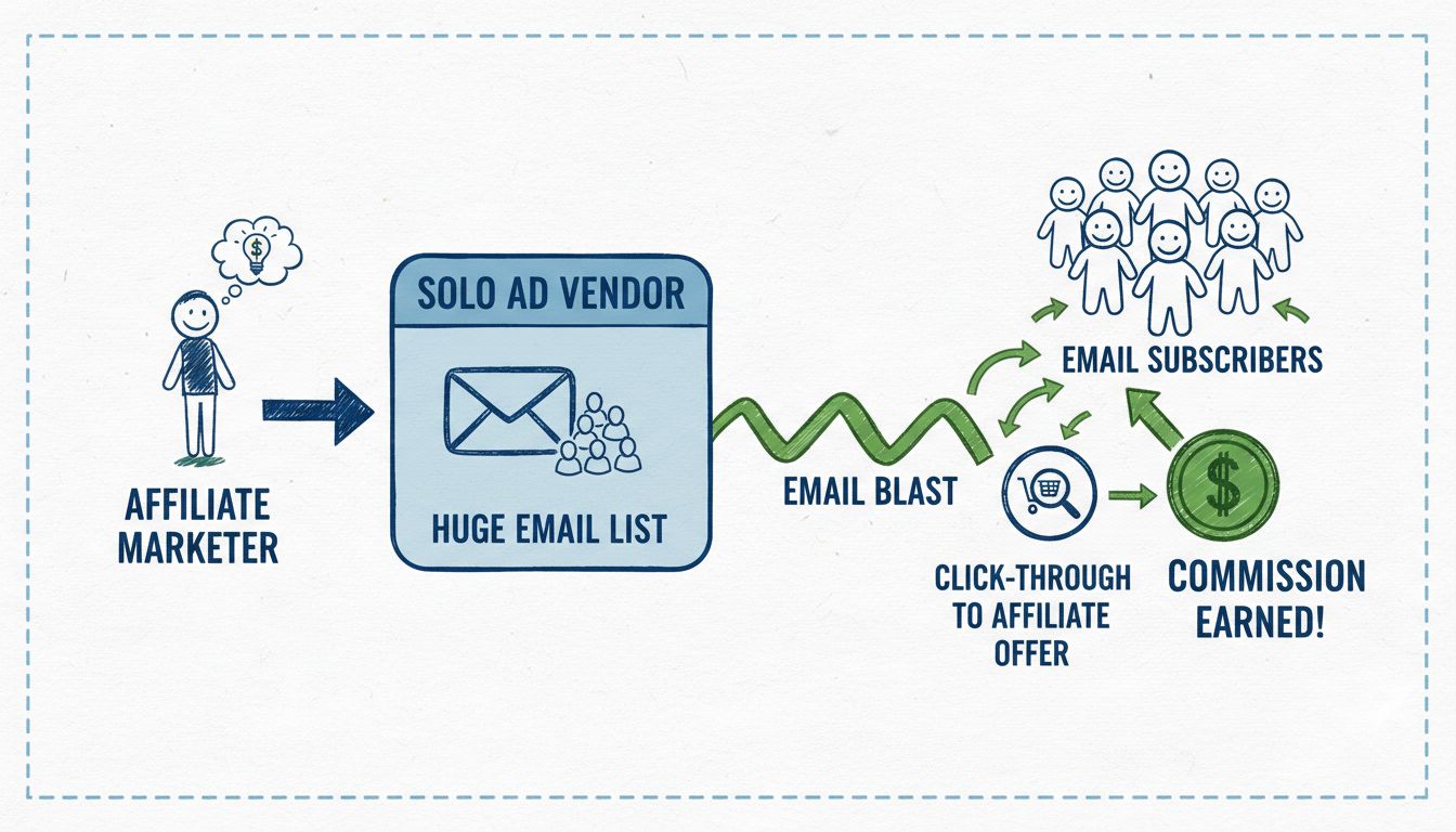 Diagramma del flusso dei solo ads che mostra affiliate marketer, venditore, lista email e flusso delle commissioni