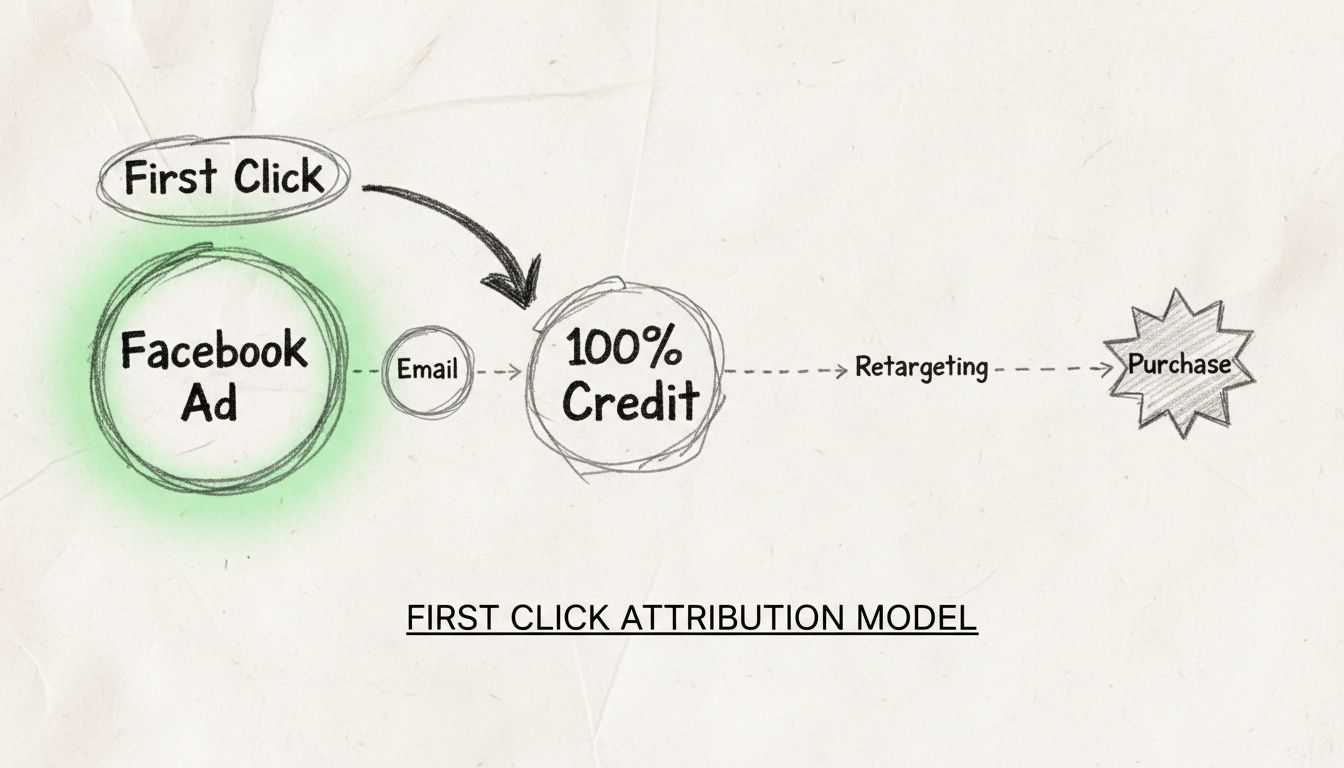 Diagramma del modello di attribuzione first click che mostra il percorso cliente con molteplici touchpoint e il 100% del credito assegnato al primo clic