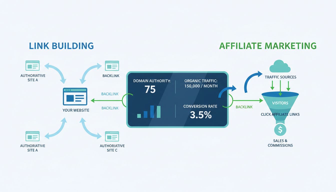 Diagramma della connessione tra link building e marketing di affiliazione che mostra backlink, flusso di traffico e dashboard di metriche