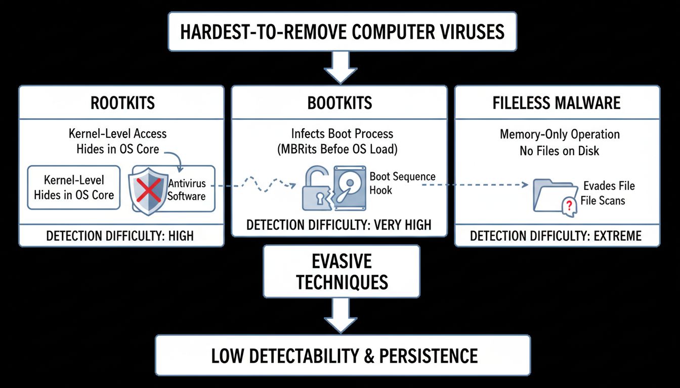 Diagramma tecnico che mostra le caratteristiche di rootkit, bootkit e malware fileless e i livelli di difficoltà nel rilevamento