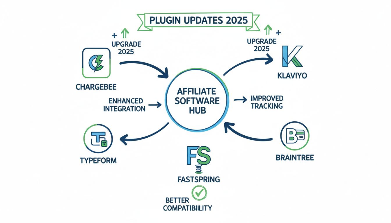 Diagramma dell'ecosistema di integrazione plugin che mostra Chargebee, Typeform, Klaviyo, Braintree e FastSpring collegati all'hub software di affiliazione con frecce di flusso dati e indicatori di aggiornamento