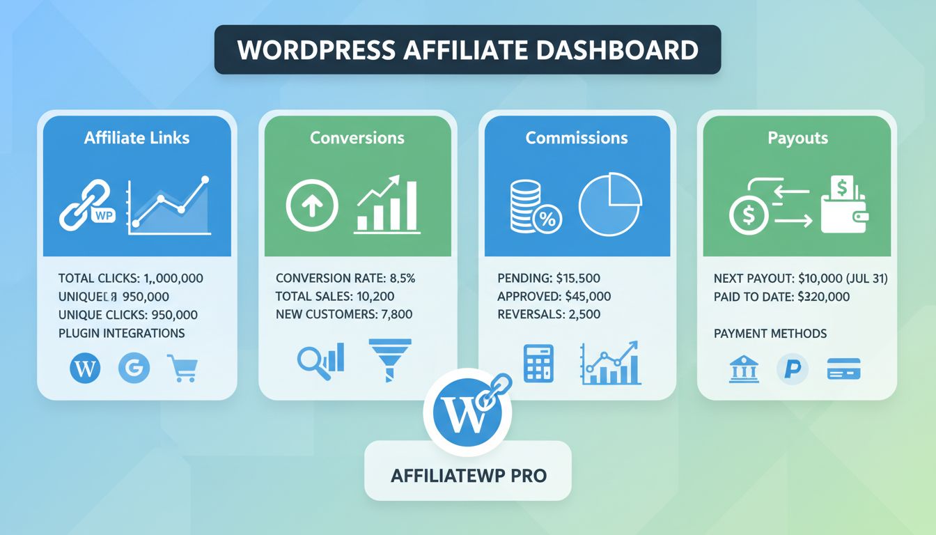 Dashboard di marketing di affiliazione WordPress che mostra tracciamento conversioni, gestione link di affiliazione, calcolo commissioni ed elaborazione dei pagamenti