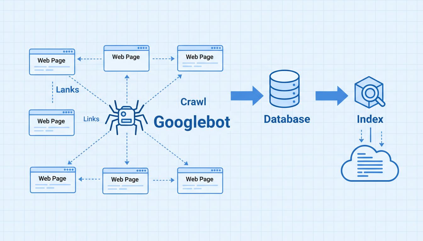 Diagramma tecnico che mostra Googlebot durante il crawling di pagine web interconnesse con indicizzazione su database e follow dei link