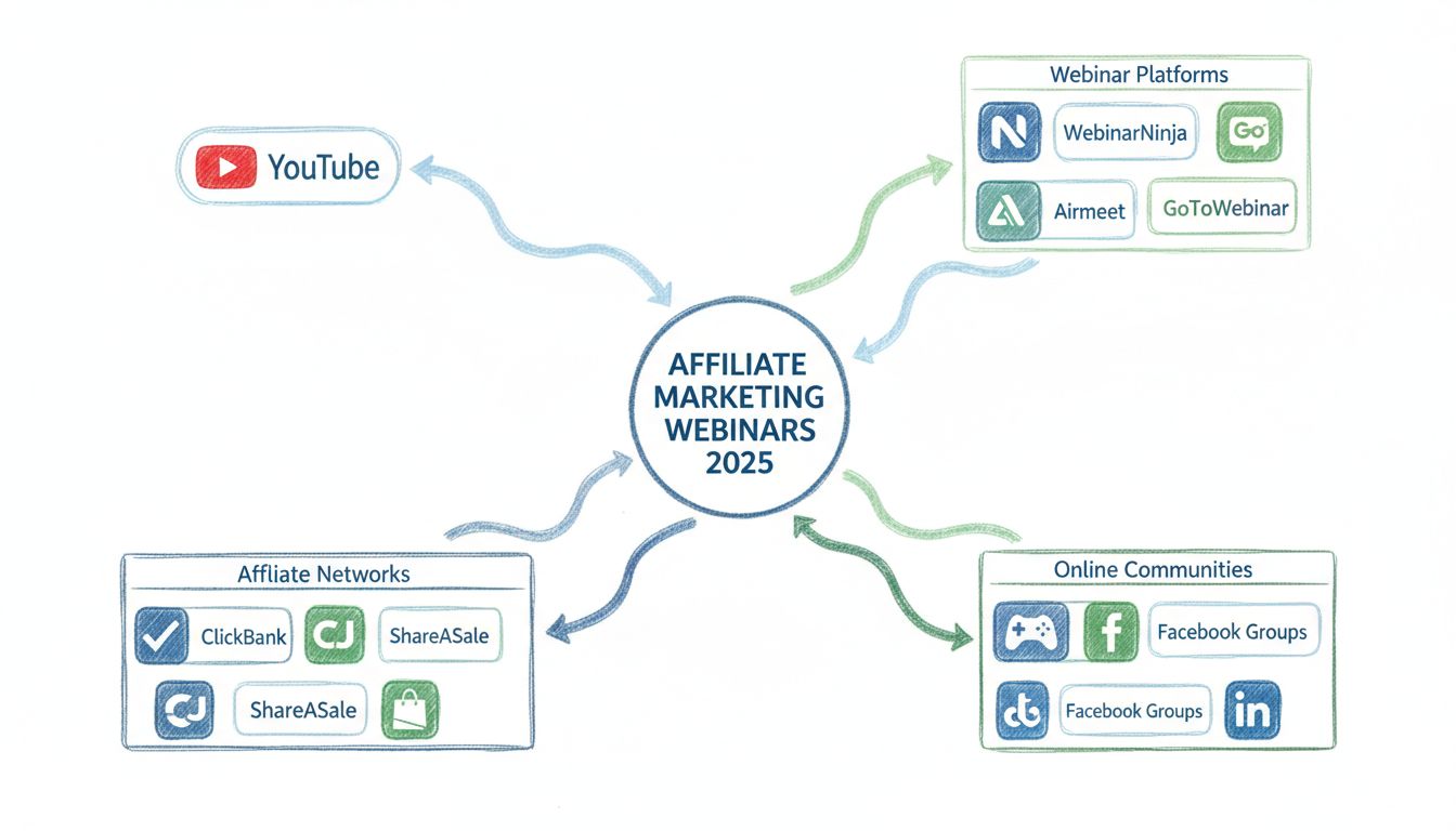 Piattaforme e risorse per webinar sul marketing di affiliazione 2025 - Infografica che mostra YouTube, piattaforme webinar, network di affiliazione e comunità online