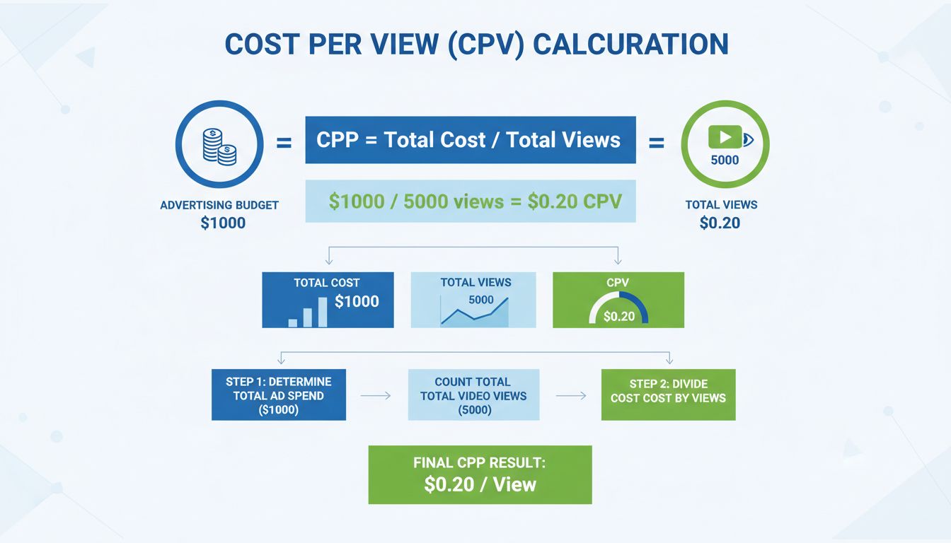 Formula di calcolo del CPV che mostra il costo totale diviso per il numero totale di visualizzazioni uguale al cost per view