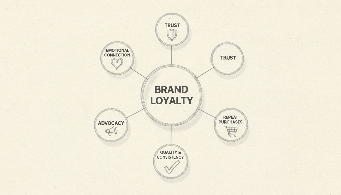 Diagramma della brand loyalty che mostra connessione emotiva, fiducia, acquisti ripetuti, advocacy e costanza della qualità