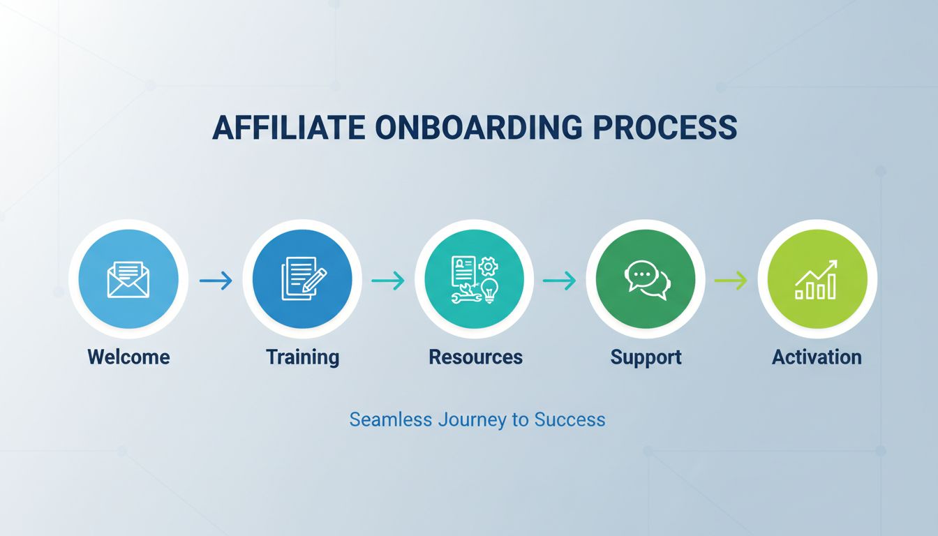 Processo di onboarding degli affiliati con 5 fasi: Benvenuto, Formazione, Risorse, Supporto e Attivazione