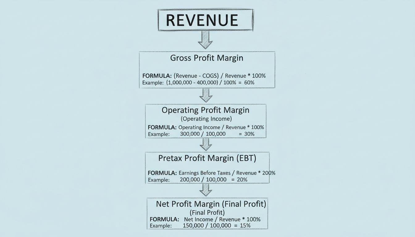 Tipi di margine di profitto e diagramma di flusso del calcolo che mostra margini di profitto lordo, operativo, ante imposte e netto