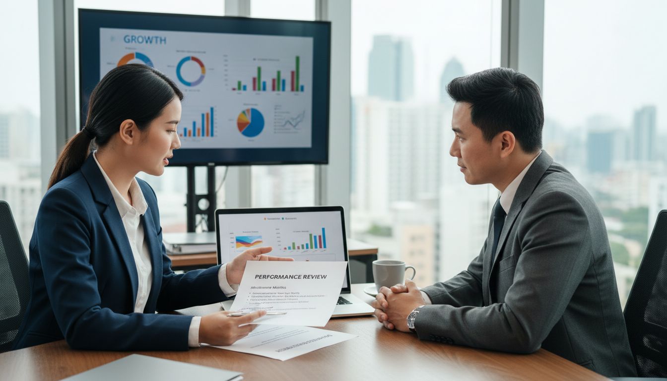 Riunione professionale tra dipendente e manager che discutono di aumento di stipendio con metriche di performance e documenti dei risultati