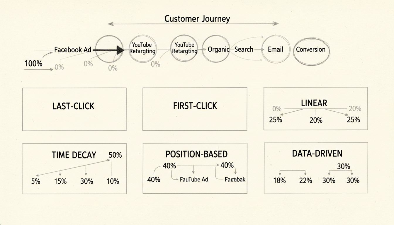 Diagramma disegnato a mano che confronta 6 modelli di attribuzione mostrando come il credito viene distribuito sui touchpoint del percorso cliente