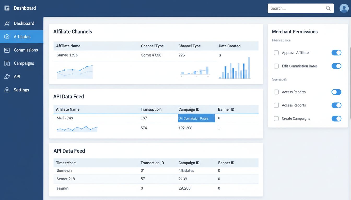 Dashboard di Post Affiliate Pro che mostra la colonna Data di Creazione per i canali affiliati, tracciamento di ID Campagna e ID Banner e controlli dei permessi merchant