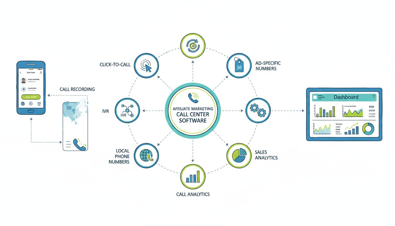Funzionalità software call center per il marketing di affiliazione: click-to-call, registrazione chiamate, IVR, ACD, numeri specifici per annuncio, integrazione CRM, numeri locali, analisi chiamate e vendite