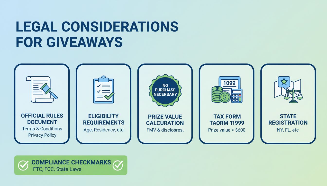 Infografica sulle considerazioni legali per organizzare giveaway che mostra regolamento ufficiale, requisiti di idoneità, badge 'nessun obbligo d'acquisto', calcolo valore premio, moduli fiscali e requisiti di registrazione statale