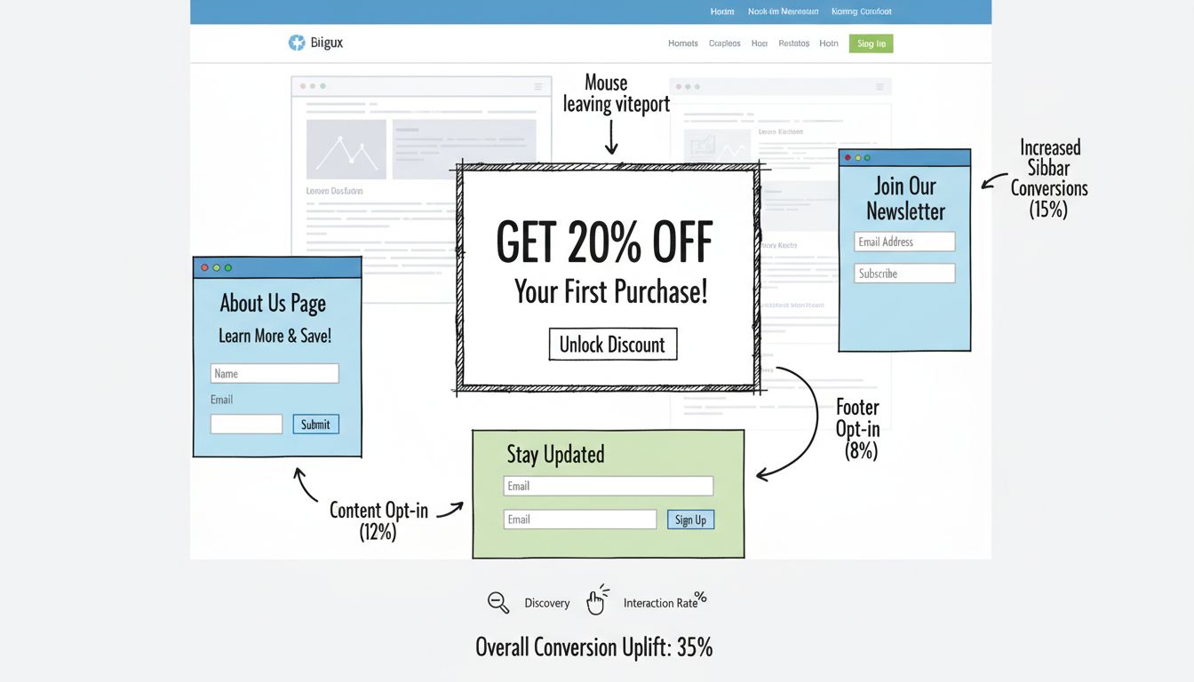 Strategia di pop-up e moduli di opt-in per il marketing affiliato: mostra pop-up exit-intent, modulo sidebar sticky, email capture nel footer e opt-in nella pagina Chi Siamo con metriche di conversione