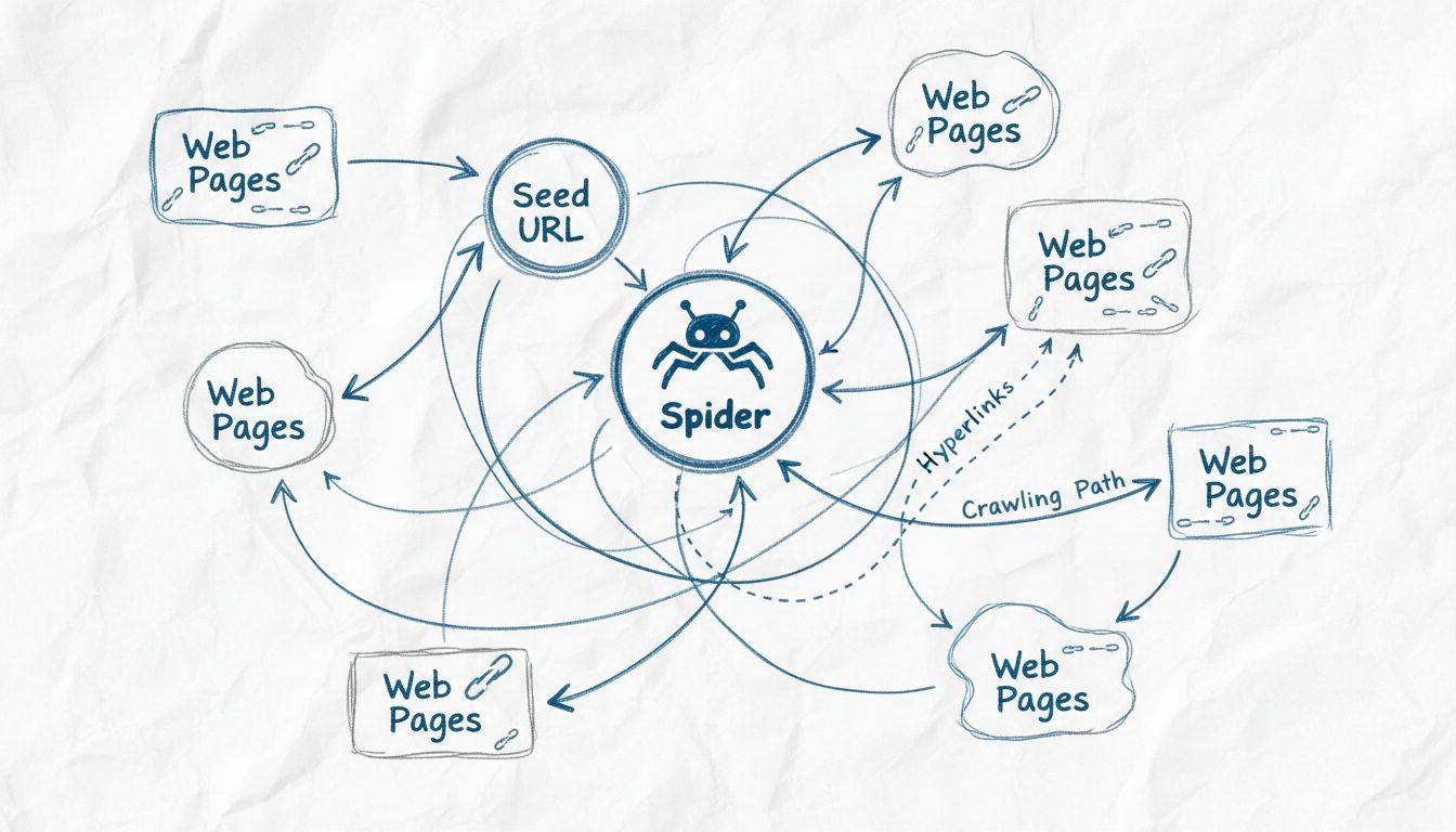Diagramma tecnico che mostra come gli spider del web esplorano pagine collegate seguendo gli hyperlink a partire dal seed URL