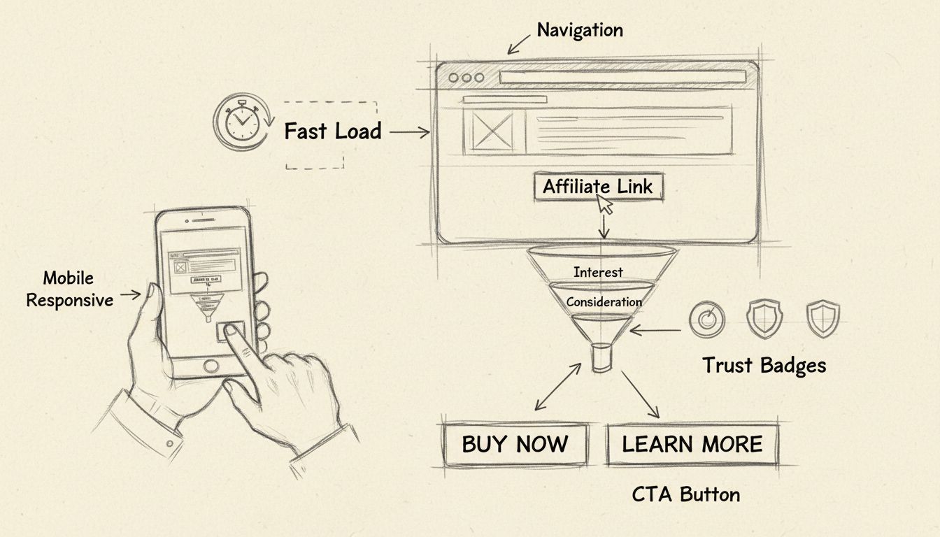 Elementi di design UX per il marketing di affiliazione tra cui navigazione, reattività mobile, caricamento rapido, badge di fiducia e ottimizzazione delle conversioni
