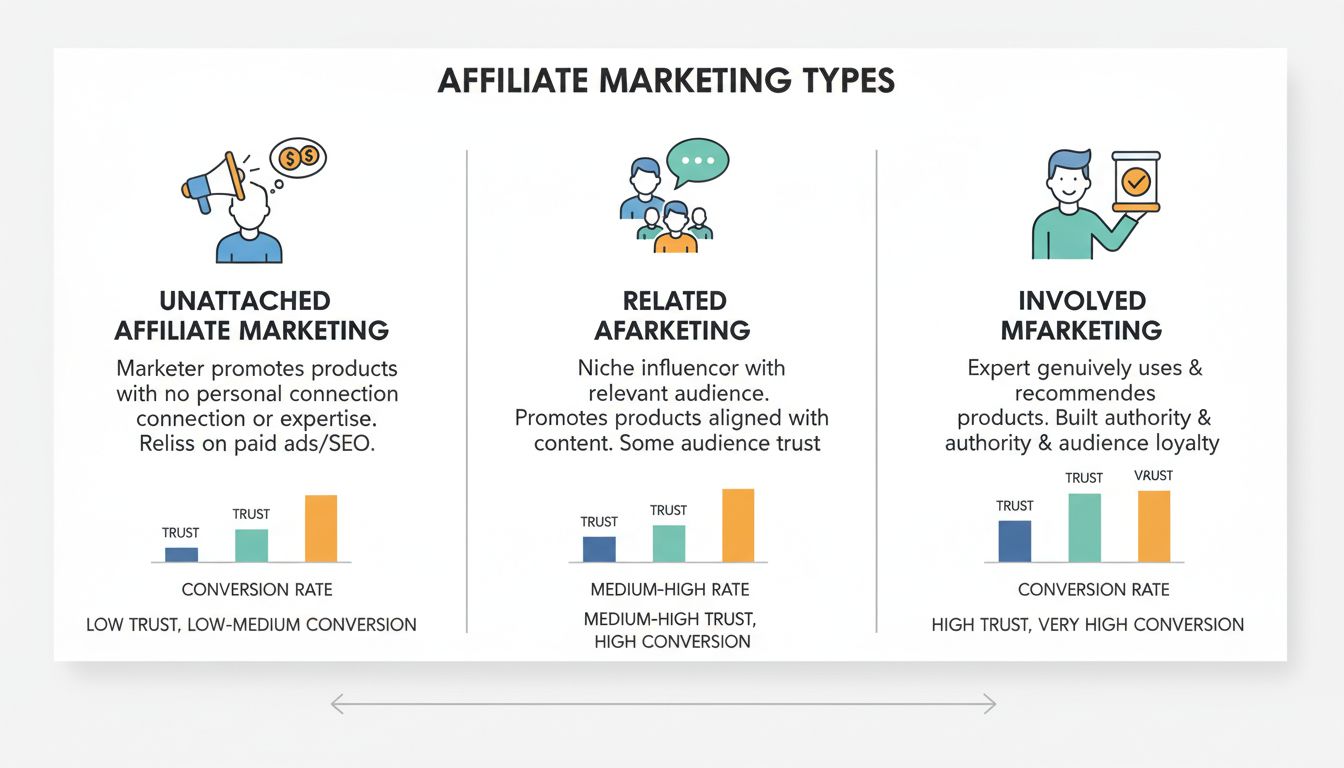 Diagramma comparativo dei tre tipi di affiliate marketing: non collegato, relazionato e coinvolto, con livelli di fiducia e tassi di conversione