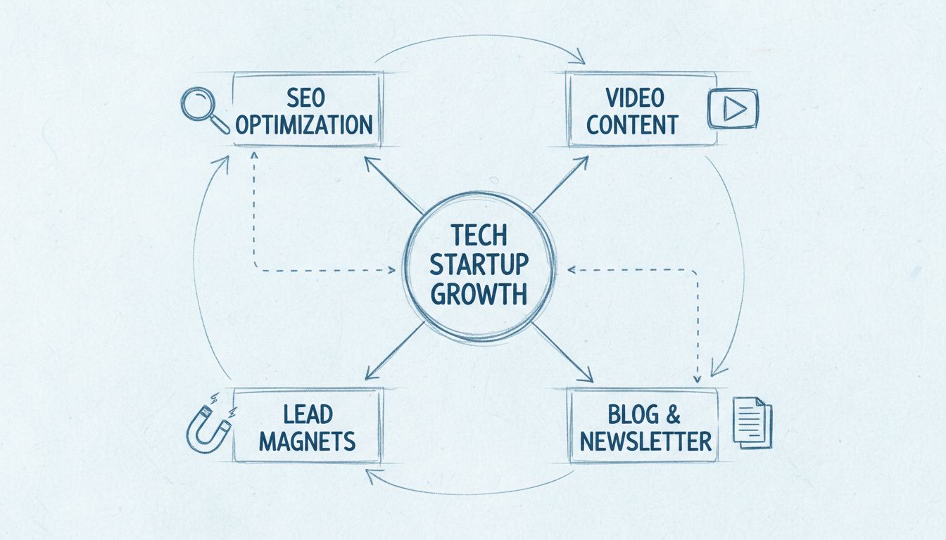 Framework della strategia di affiliate marketing per startup tech che mostra i pilastri SEO, lead magnet, contenuti video e blog/newsletter