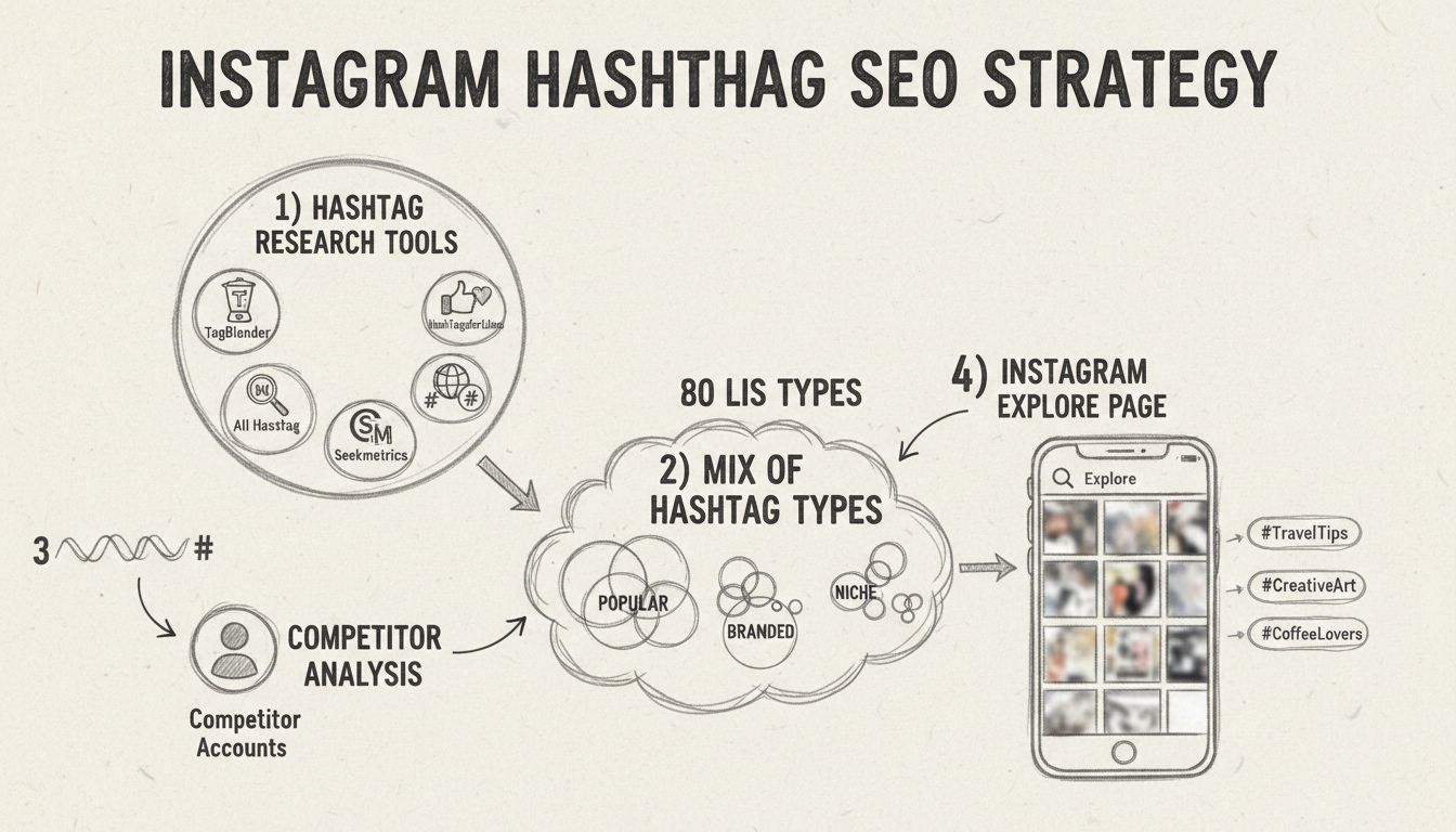 Infografica della strategia di ricerca hashtag Instagram che mostra strumenti, tipi e analisi dei competitor