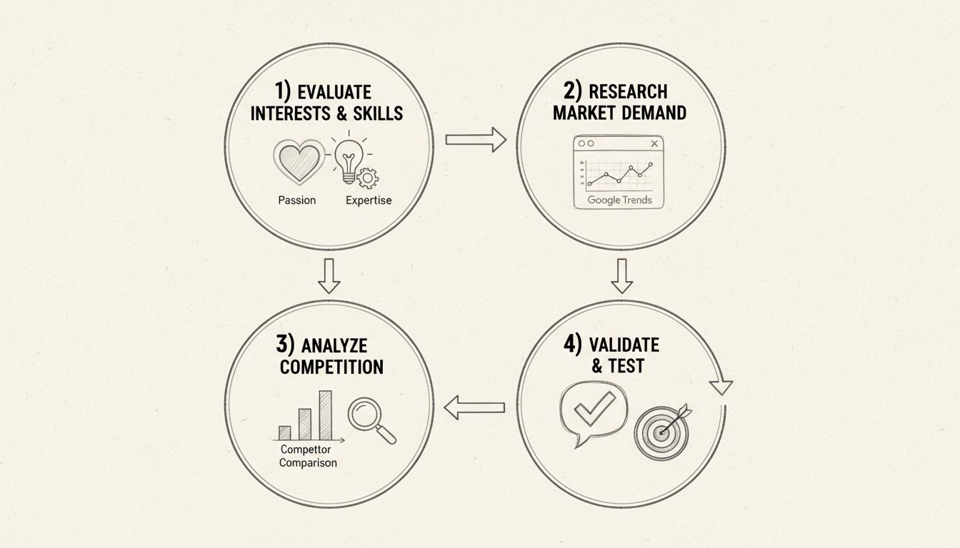 Diagramma disegnato a mano che mostra il framework per la selezione della nicchia con 4 passaggi: Valuta Interessi e Competenze, Ricerca la Domanda di Mercato, Analizza la Concorrenza, Valida e Testa