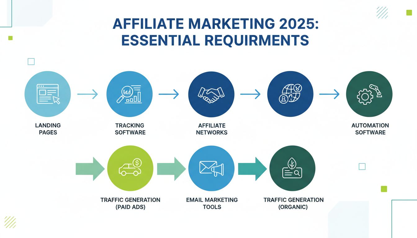 Requisiti essenziali per iniziare con l'affiliate marketing inclusi landing page, software di tracciamento, network di affiliazione, generazione traffico, email marketing e strumenti di automazione