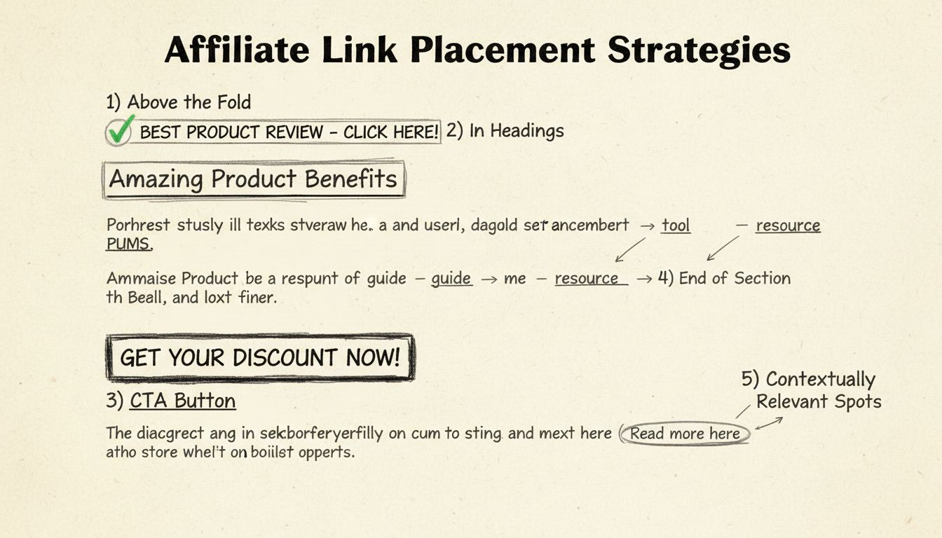 Diagramma di strategie efficaci per il posizionamento dei link di affiliazione che mostra above the fold, titoli, pulsanti CTA e punti contestualmente rilevanti