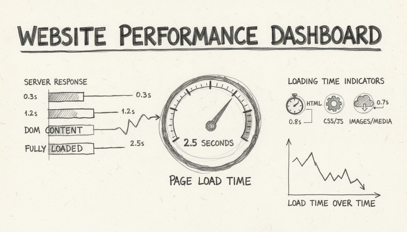 Dashboard delle metriche di performance di un sito web che mostra indicatori di tempo di caricamento, tachimetro della velocità e barre di performance per gli elementi della pagina