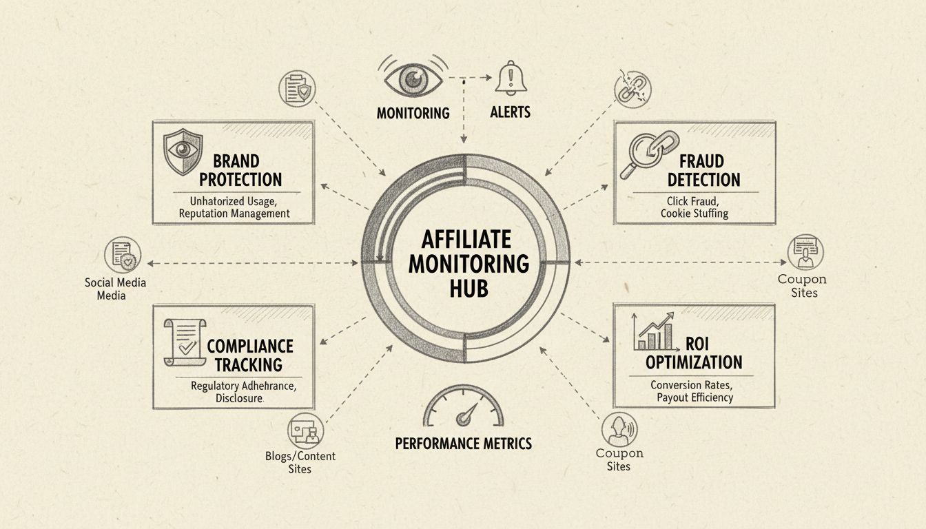 Dashboard di monitoraggio affiliati che mostra protezione del brand, rilevamento frodi, tracciamento della conformità e metriche di ottimizzazione del ROI