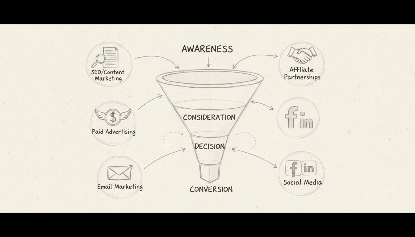 Diagramma del funnel della strategia di generazione lead che mostra le fasi di consapevolezza, considerazione, decisione e conversione con più canali di marketing