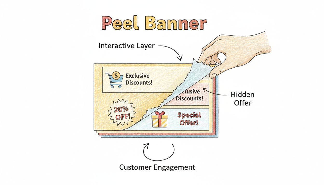 Diagramma disegnato a mano che mostra come funzionano i peel banner con strati interattivi che rivelano contenuti promozionali nascosti e coinvolgimento del cliente