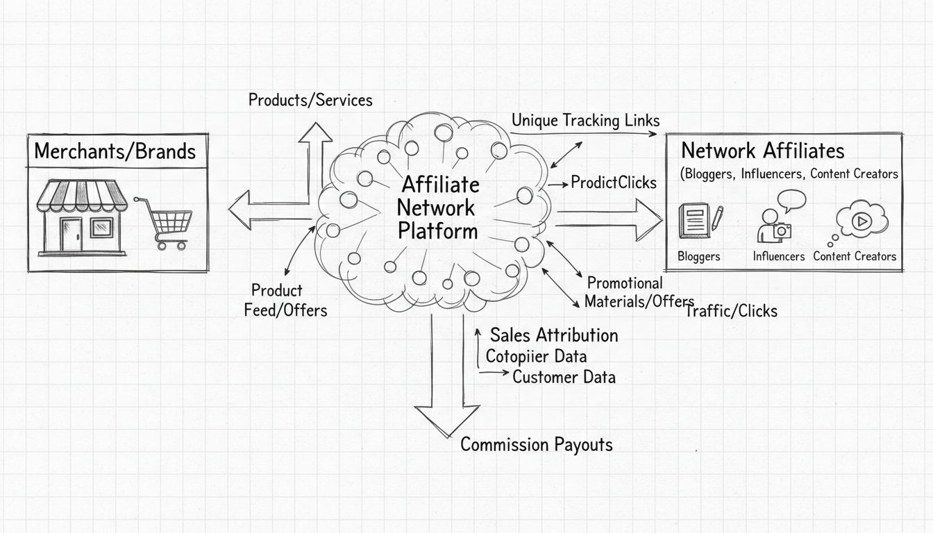 Diagramma dell’ecosistema degli affiliati di rete che mostra commercianti, piattaforma di network di affiliazione e affiliati di rete con link di tracciamento e flussi di commissione