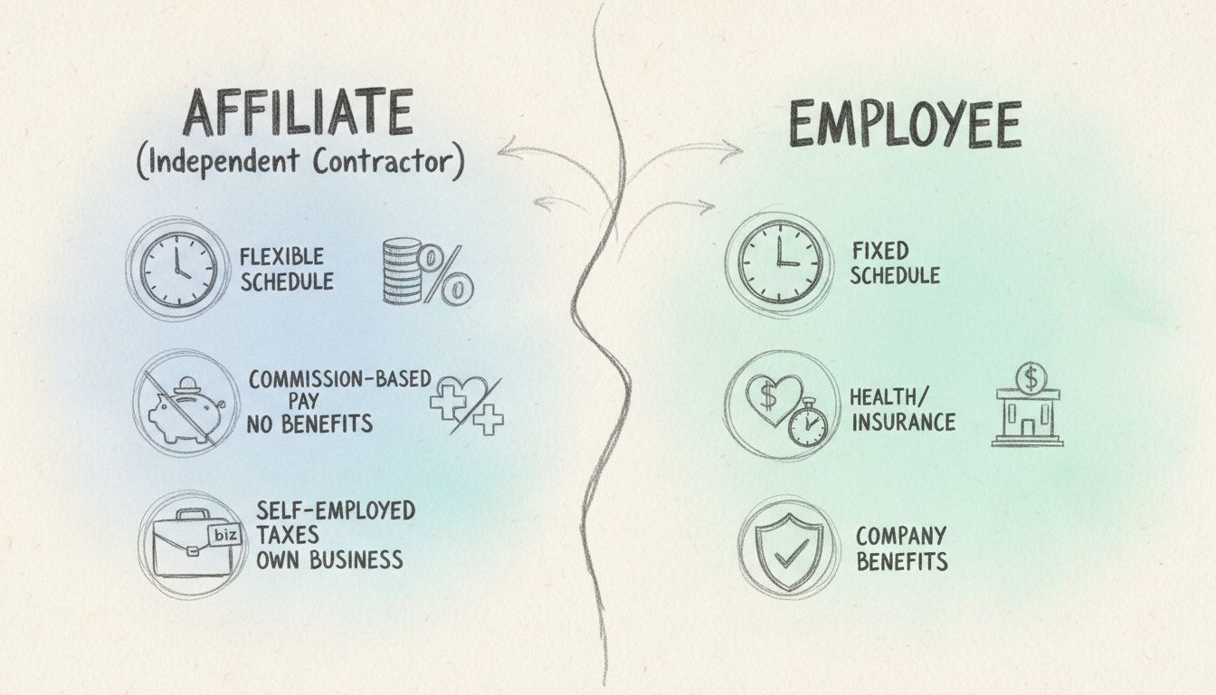 Diagramma comparativo che mostra le differenze tra affiliati lavoratori autonomi e dipendenti con icone per orario, retribuzione, benefit e tasse