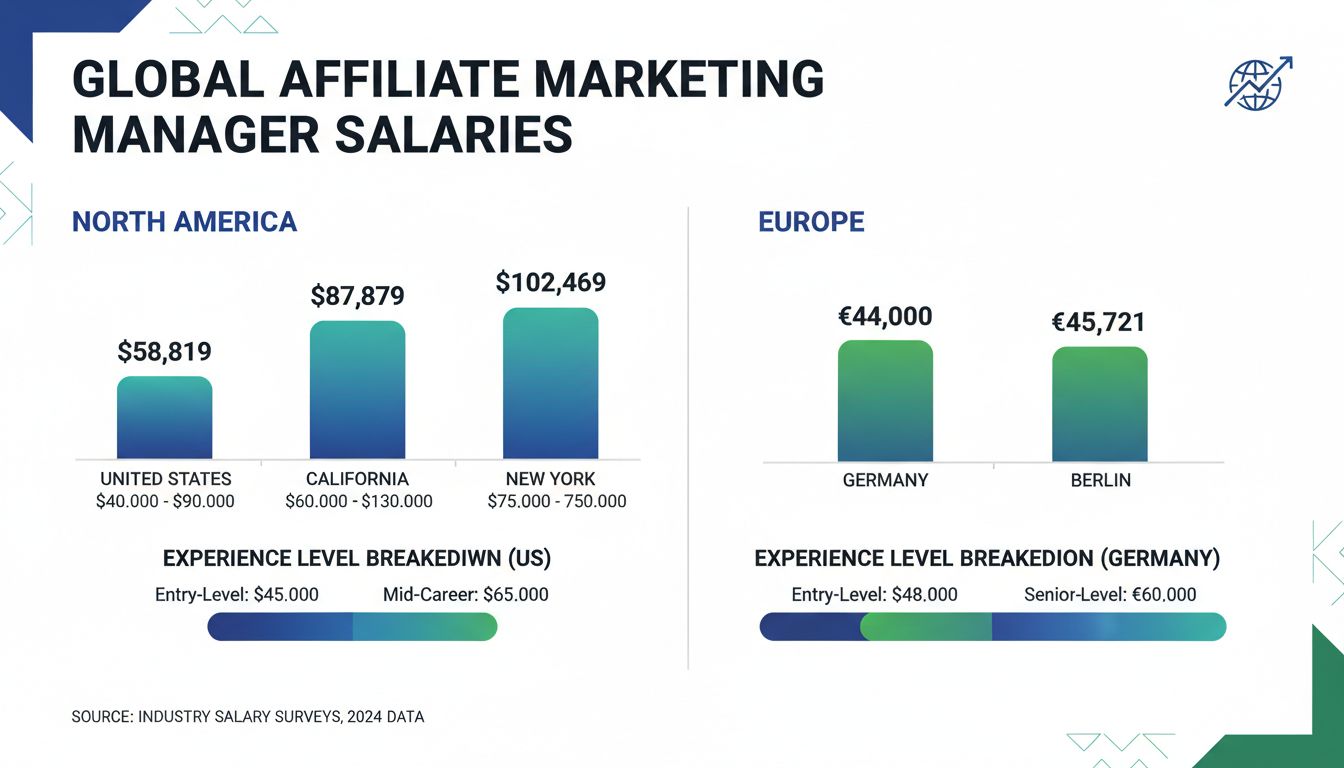 Grafico comparativo degli stipendi degli affiliate marketing manager che mostra le retribuzioni medie negli Stati Uniti, California, Germania e Berlino con visualizzazione dati