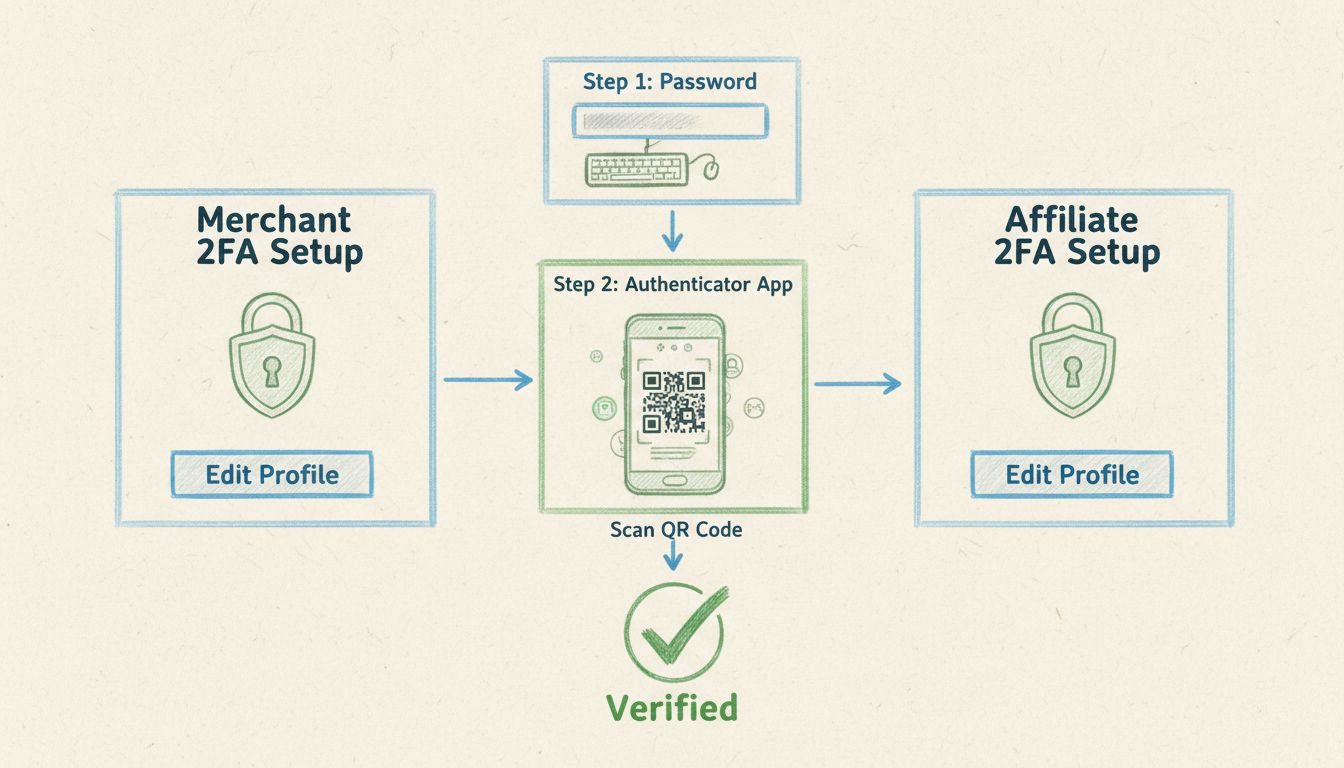 diagramma di configurazione della verifica in 2 passaggi per commercianti e affiliati che mostra l’accesso a Modifica Profilo e l’integrazione con l’app di autenticazione