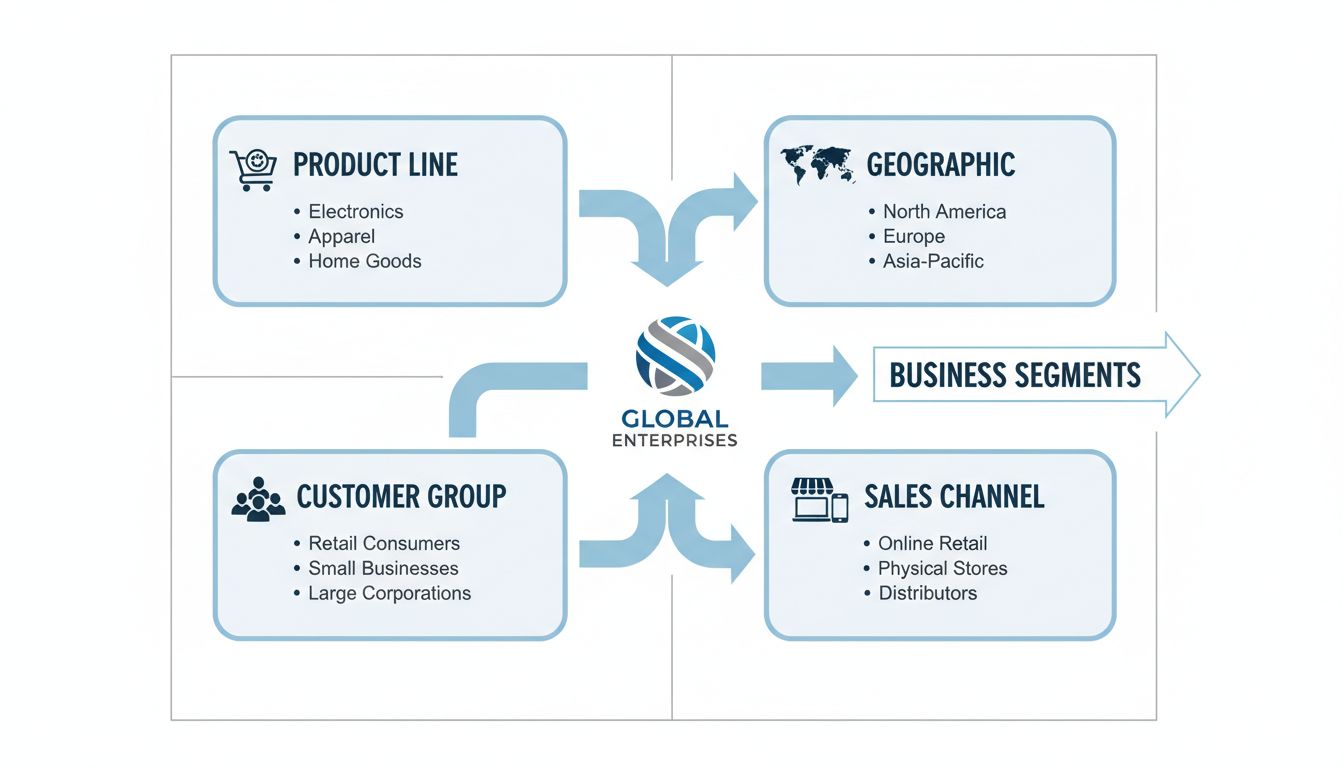 Diagramma dei segmenti aziendali che mostra segmenti per linea di prodotto, area geografica, gruppo di clienti e canale di vendita