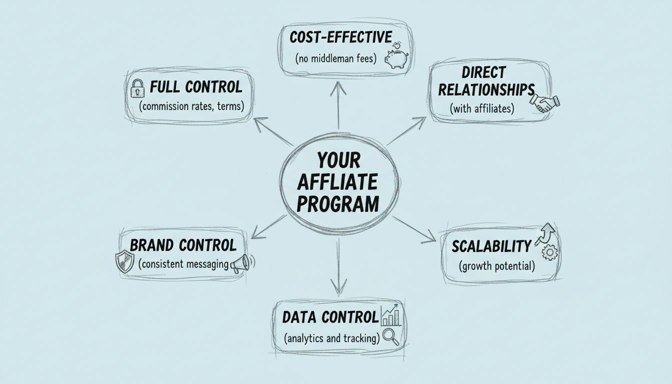 Diagramma disegnato a mano che mostra i sei principali vantaggi di creare il proprio programma di affiliazione: Controllo Totale, Convenienza, Relazioni Dirette, Controllo del Brand, Controllo dei Dati e Scalabilità