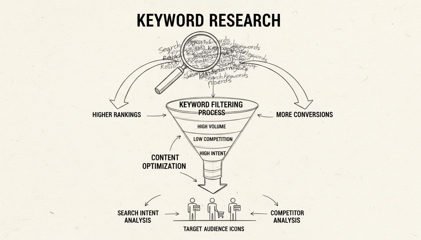 Diagramma del workflow della ricerca delle parole chiave che mostra il processo dalla scoperta delle keyword, analisi dell’intento di ricerca, analisi dei competitor, ottimizzazione dei contenuti e tracciamento delle conversioni