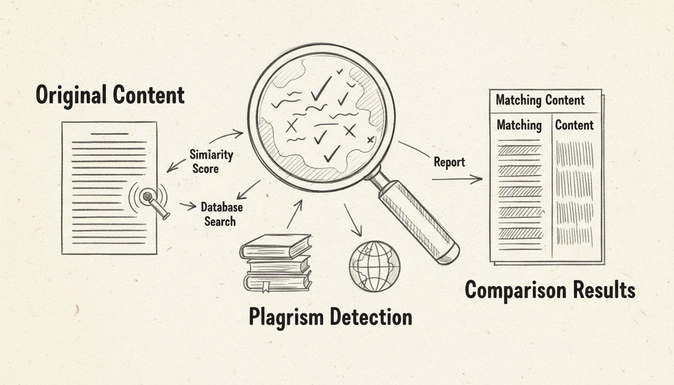 Diagramma disegnato a mano che mostra il flusso di lavoro del rilevamento del plagio con scansione dei documenti, analisi comparativa e evidenziazione dei risultati