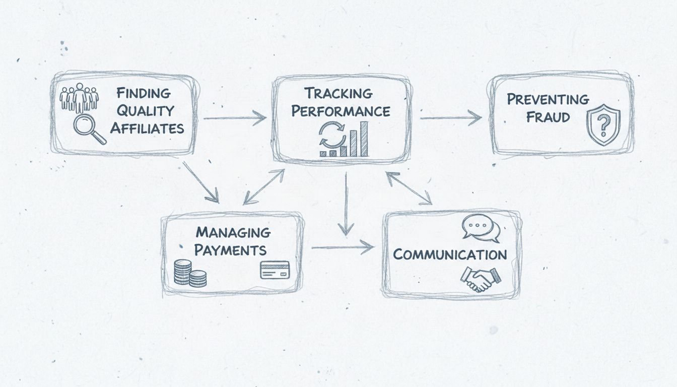 Diagramma delle sfide del marketing di affiliazione che mostra ricerca di affiliati di qualità, tracciamento delle performance, prevenzione delle frodi, gestione dei pagamenti e comunicazione
