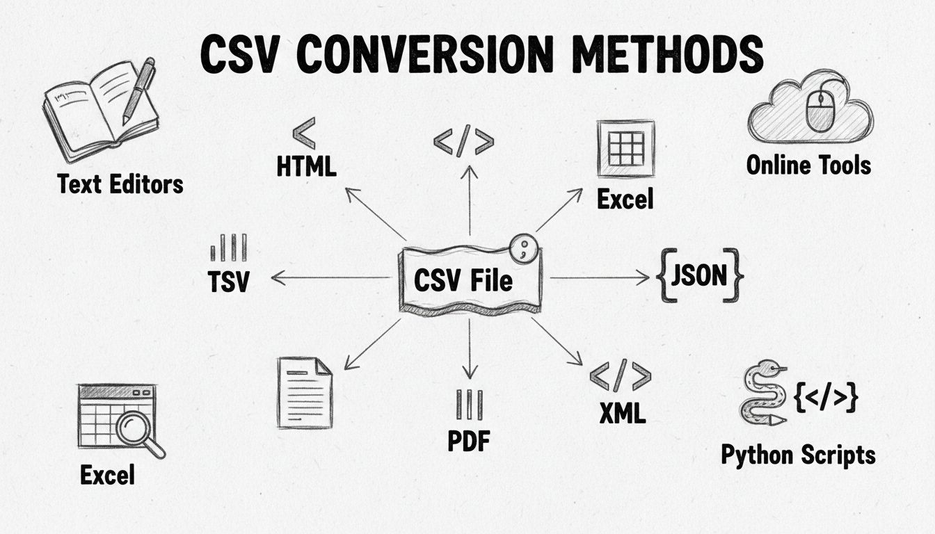 Diagramma dei metodi di conversione CSV che mostra diversi formati di output e strumenti di conversione
