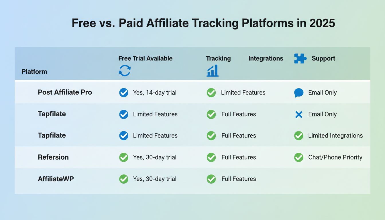 Tabella comparativa delle piattaforme di tracciamento affiliati in prova gratuita che mostra funzionalità e periodi di prova